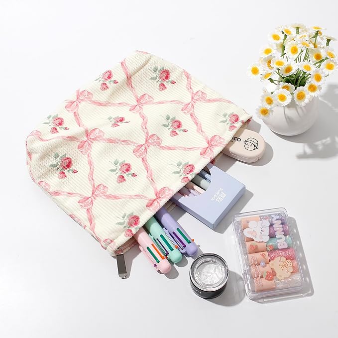 Cosmetic Bags for Women - Corduroy Cosmetic Bag Aesthetic Women Handbags Purses Smile Dots Makeup Organizer Storage Makeup Bag Girls Case Bags (Flowers-Apis)