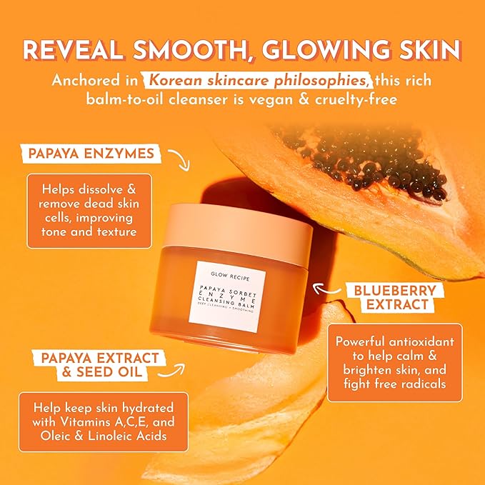Glow Recipe Papaya Enzyme Cleansing Balm, Korean Double Cleanse First Cleanser, Makeup Remover + Cleansing Oil Balm, Gentle Exfoliating Face Cleanser, Hydrating (3.38 oz)