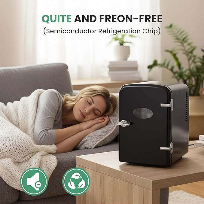 Simple Deluxe 4 Liter/6 Can Mini Fridge with Observation Window, Compact Freon-Free Small Refrigerator, Portable Cooler & Warmer for Skincare, Beverage, Food, Cosmetics, Black