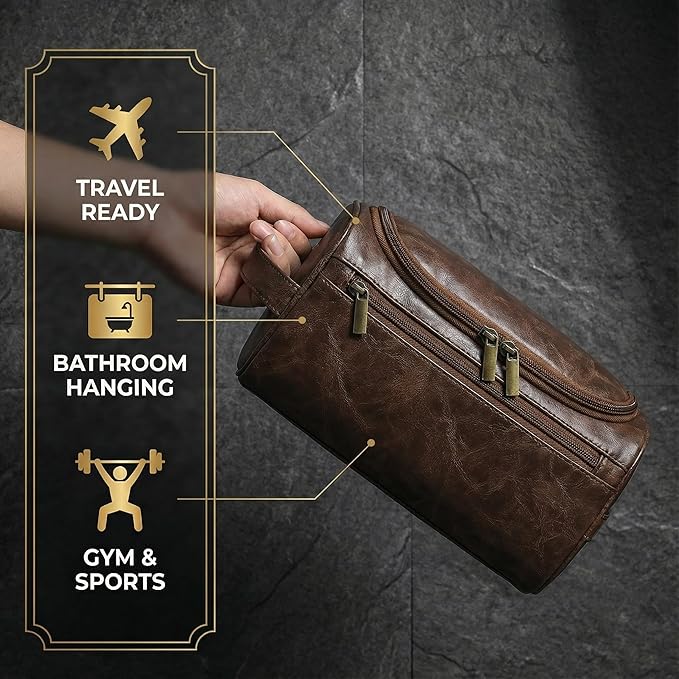 Men’s Hanging Toiletry Bag, Large Capacity Travel Dopp Kit Organizer for Business Trip – Waterproof Shaving Bag Multi-Compartment Storage for Grooming Essentials, Bathroom & Gym (Coffee)