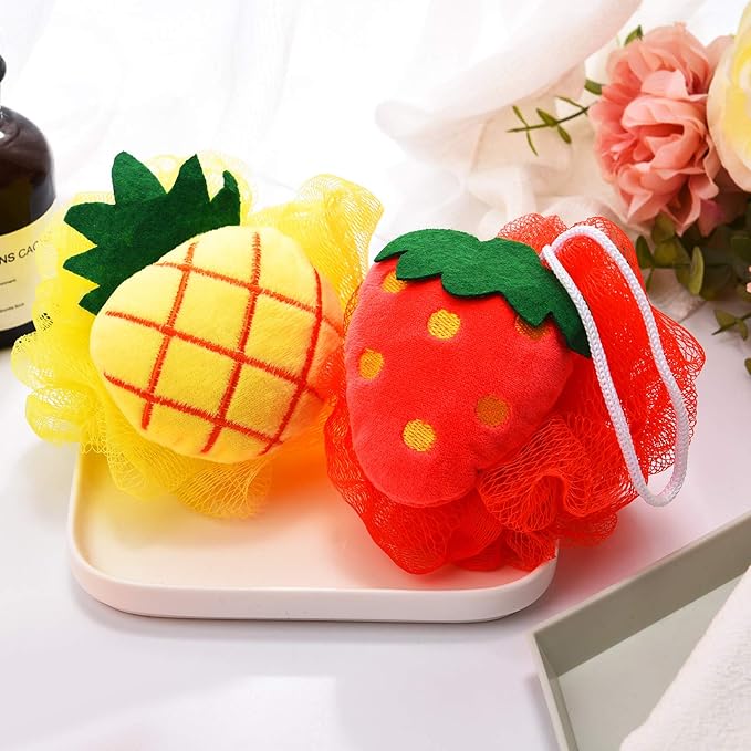 6 Pieces Cute Fruit Bath Shower Sponge Loofahs Mesh Pouf Shower Ball Colorful Cartoon Body Scrubber Balls Shower Mesh for Adults