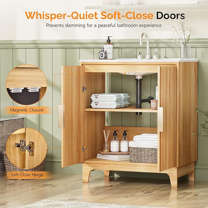 VINGLI 30 Inch Bathroom Vanity with Sink, Mid Century Modern Freestanding Cabinet with Ceramic Top, Fluted Soft-Close Doors & U-Shape Storage for Small Bathroom, Natural Oak