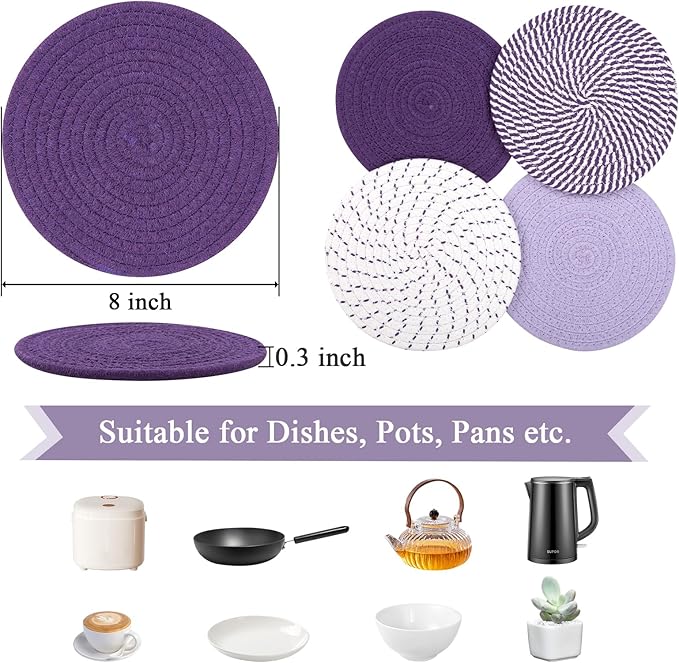 SHACOS 8 Inches Trivets for Hot Dishes, 4 Pieces Cotton Trivets Mats for Kitchen, Hot Pads for Countertops and Table, Heat-Resistant Pot Holders for Hot Pots and Pans(Purple, 4pcs)