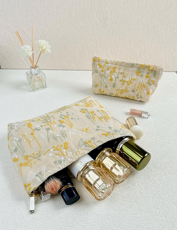 2 Pcs Makeup Bags, Large Cosmetic Bag Travel Toiletry Bag Organizer for Women, Embroidery Craft, Floral Makeup Bag Small Cosmetic Pouch Purse with Zipper Gifts for Girls Teen