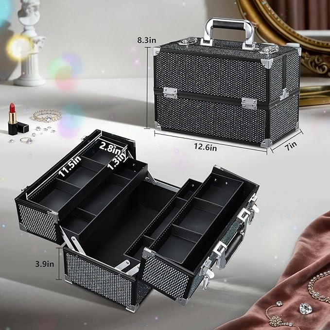 Stagiant 12.6 Inch Large Makeup Train Case, Professional 4 Trays Cosmetic Cases Makeup Storage Organizer Box Beauty Make Up Box with Lock&Adjustable Compartments for Nail, Accessories, Skincare, Black