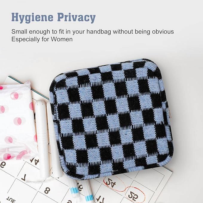 Sanitary Napkin Storage Bag, Menstrual Pad Zipper Bag Checkered Portable Period Bag Panty Liners, Tampon Storage Pouch for Women Ladies Daily Use Storage Purse Travel