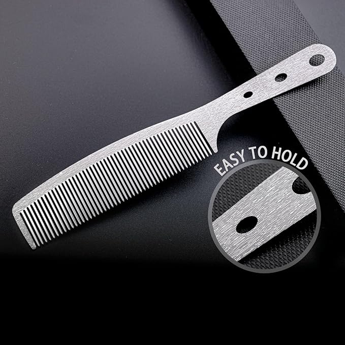 2 Pcs Metal Comb, Stainless Steel Fine Tooth Comb, Unbreakable Teeth Design, Anti Static comb, Heat Resistant, Professional Barber Comb Set, hair combs for men, Wood Grain Design