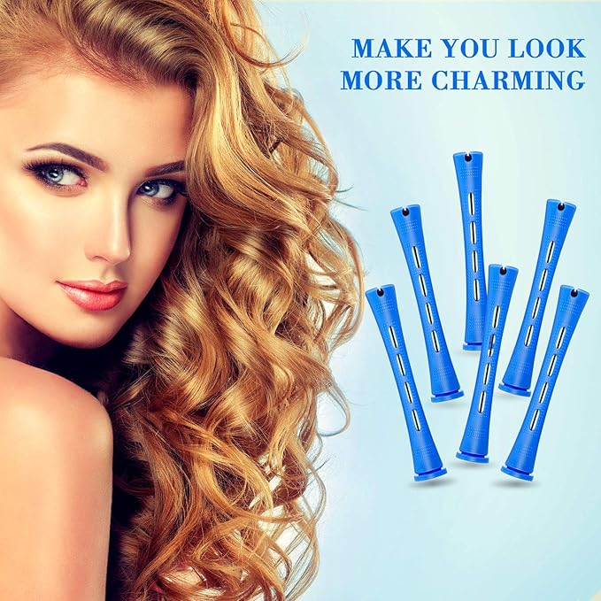 48 Pieces Cold Wave Plastic Curlers with Steel Pintail Rat Tail Comb for Hairdressing and Styling (Blue, 0.35 Inch/ 0.9 cm)
