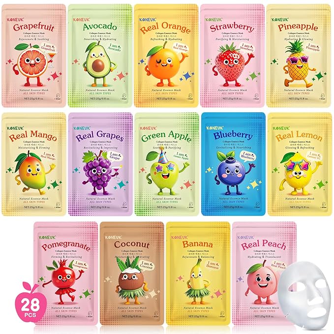 28 Pack Fruit Face Masks Skincare for Kids Girls, Sheet Collagen Face Mask for Women Skin Care, Bulk Hydrating Facial Mask for All Skin Types, Easter Basket Stuffers and Party Spa Gifts for Teens