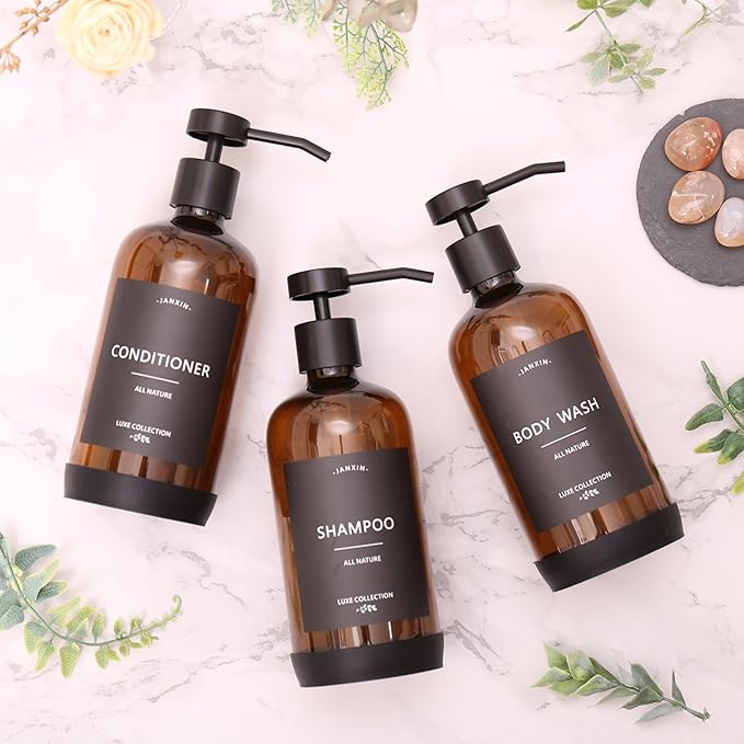 Shampoo and Conditioner Dispenser Set of 3,Refillable 21oz Shampoo Bottles with Non-Slip Protective Silicone Pad,Shower Soap Dispenser with Waterproof Labels for Bathroom (Amber)