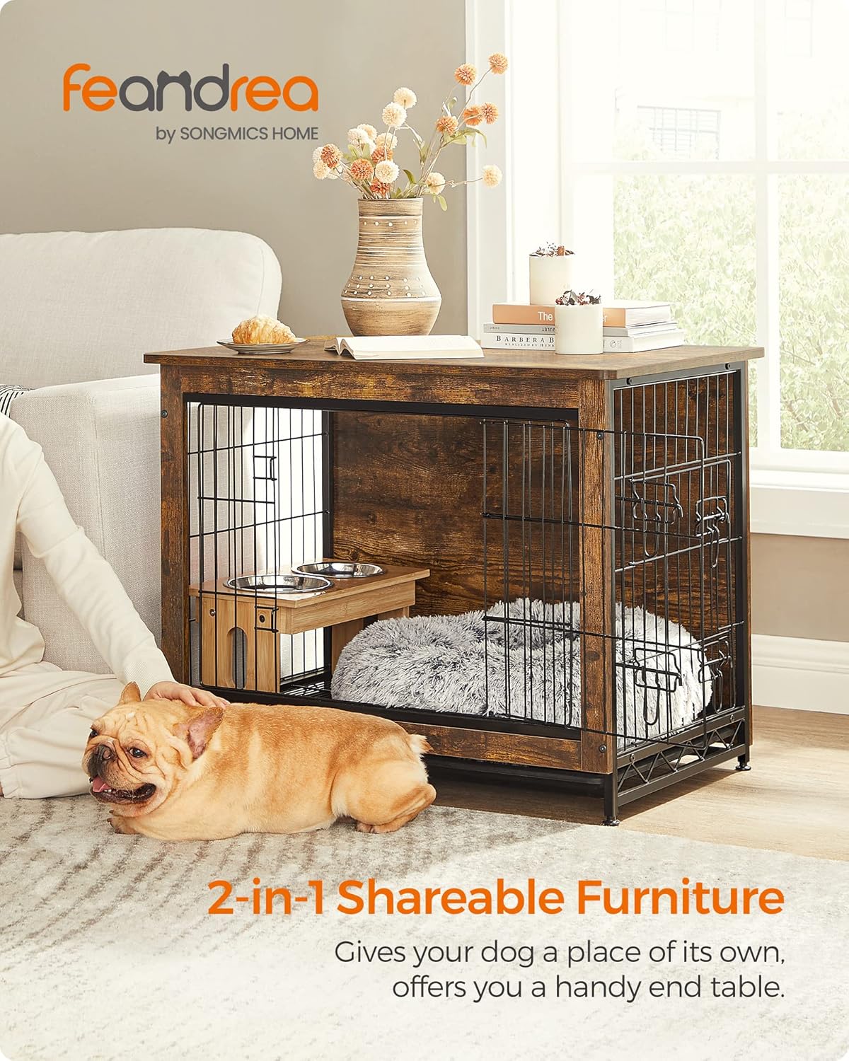 Feandrea Dog Crate Furniture, 32.5" Side End Table, Modern Kennel for Dogs Indoor up to 45 lb, Heavy-Duty Dog Cage with Multi-Purpose Removable Tray, Double-Door Dog House, Rustic Brown UPFC002X01