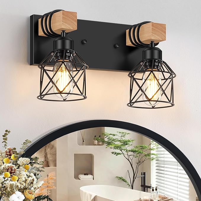 FadimiKoo 2-Light Farmhouse Bathroom Vanity Light Fixtures, Wood Bathroom Lighting Over Mirror, Black Rustic Sconces Wall Lighting with Metal Lampshade for Living Room, Bedroom, Hallway