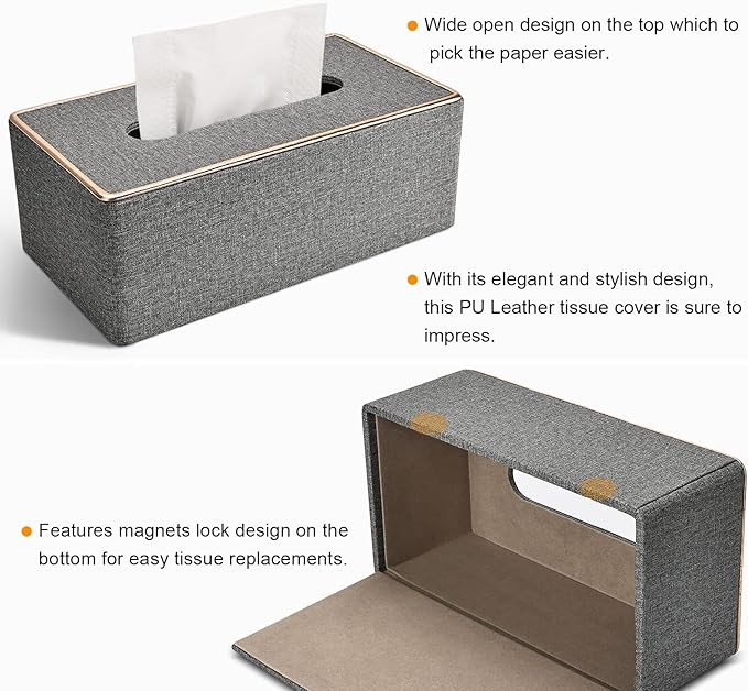 Tissue Box Cover Rectangular, PU Leather Tissue Box Holder for Kleenex, Napkin,Tissue Box Covers Rectangle for Bathroom Car Home Office Decorative 9.84"X5.63"X4.53" Grey