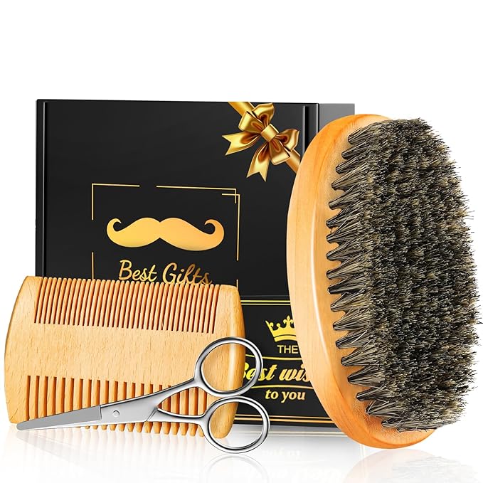 Beard Brush Beard Comb Set for Men Dad: Beard Care Kit Mens Gifts, Natural Boar Bristle Brush Pear Wood Comb, Great for Travel Facial Hair Grooming as a Styling Tool, Growth, Detangles, Shine