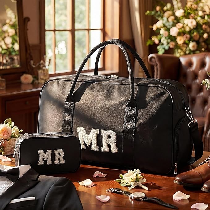 2 Pcs Wedding Weekender Bag Bride Groom Duffle Bag Chenille Letter Patch Travel for Bridal Shower Honeymoon Gift(MR,Black)