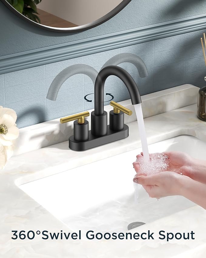FORIOUS 4 in Black and Gold Bathroom Faucet Centerset, 2 Handle Matte Black Swivel Faucet for Bathroom Sink 2 or 3 Hole with Pop Up Dain Assembly and cUPC Supply Hose, Suitable for Vanity RV Restroom