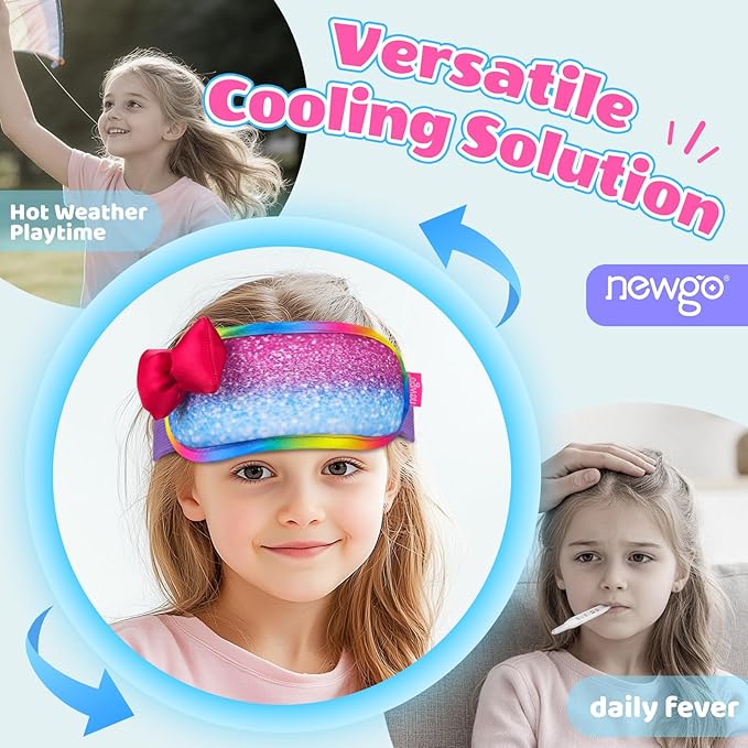 NEWGO Kids Head Ice Pack Wrap - Reusable Soft Gel Cooling Headband for Toddler Fever Relief, Migraine & Headaches - Adjustable Cute Cold Compress for Children Boo Boos and Minor Injuries