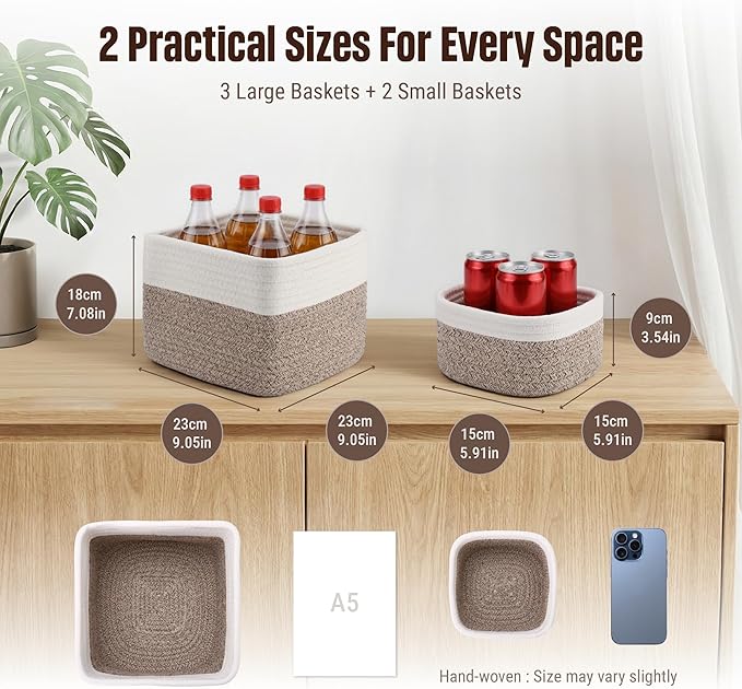 5-Pack Storage Cubes Woven Rope Baskets - 2 Sizes Organizer Bins for Closet, Shelf, Bookshelf, Nursery, Changing Table, Cube Storage Bins, Storage Baskets for Bathroom Toy & Home