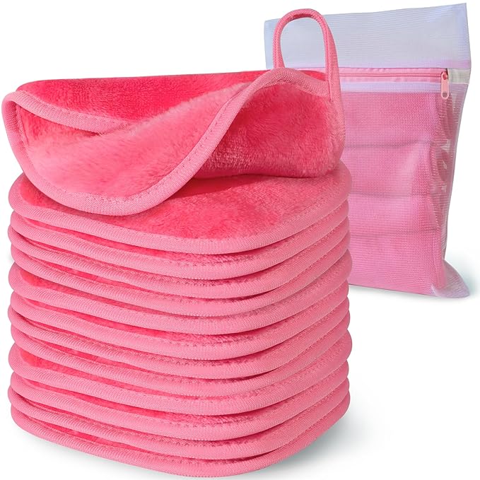 | Reusable Update Makeup Removing Microfiber Cloth for Sensitive Skin | Washable Makeup Remover Towels | Natural Facial Cleansing Towels (6”x 6”, 12 Pack/Pink)