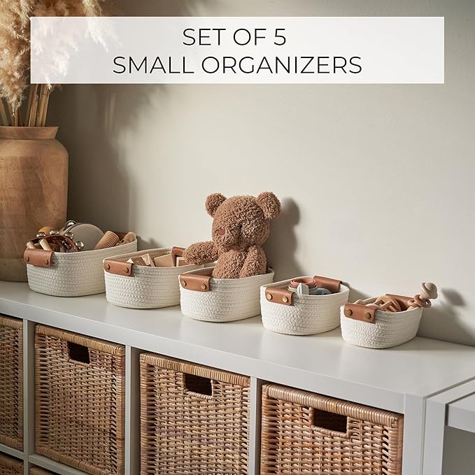 Beautiful Storage Basket Set of 5 - Sturdy Cotton Rope Baskets for Shelves Are Perfect for Organizing Your Home - Quality Storage Bins Easily Fit With Any Nursery or Bedroom Decor
