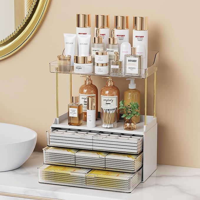Bathroom Organizers and Storage, Makeup Organizer (Sturdy Durable Attractive), Ideal for Vanity, Countertop, Counter, Perfume, Skincare, Cabinet, Cosmetic, Dresser Organizer (White)