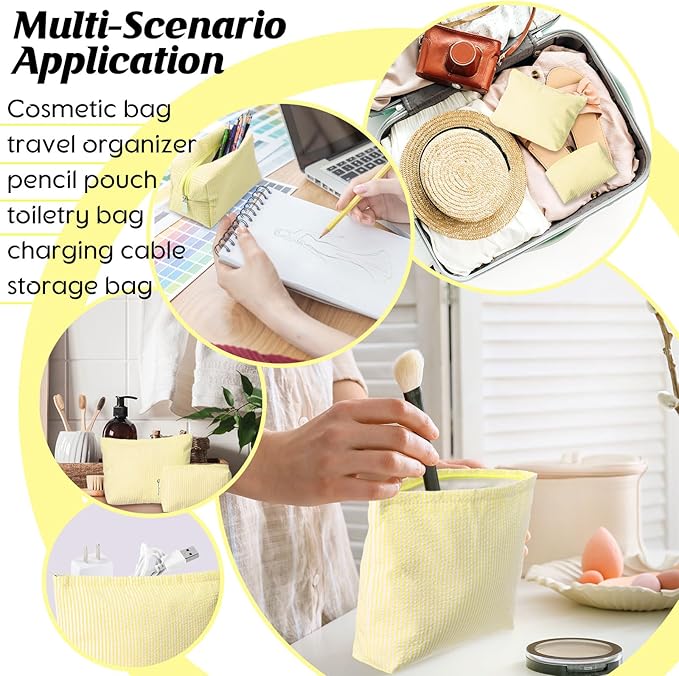 2 Pcs Makeup Bag Set Cute Cosmetic Pouch for Women Seersucker Travel Toiletry Bag Preppy Small Makeup Purse Pouch Aesthetic Skincare Brushes Storage Organizer for Valentine Women(Yellow)