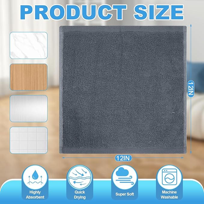 12 Pack 100% Cotton Wash Cloth, 12x12 Inch Highly Absorbent and Soft Feel Fingertip Towels, Machine Washable Washcloths for Bathroom, Gym, Hotel, Spa and Kitchen, Grey