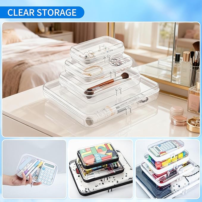 Clear PET Plastic Storage Boxes with Double Zippers, 4 Sizes (S/M/L/XL) Waterproof Organizer Cases for Toys, Cosmetics, Snacks, Travel Essentials (White)