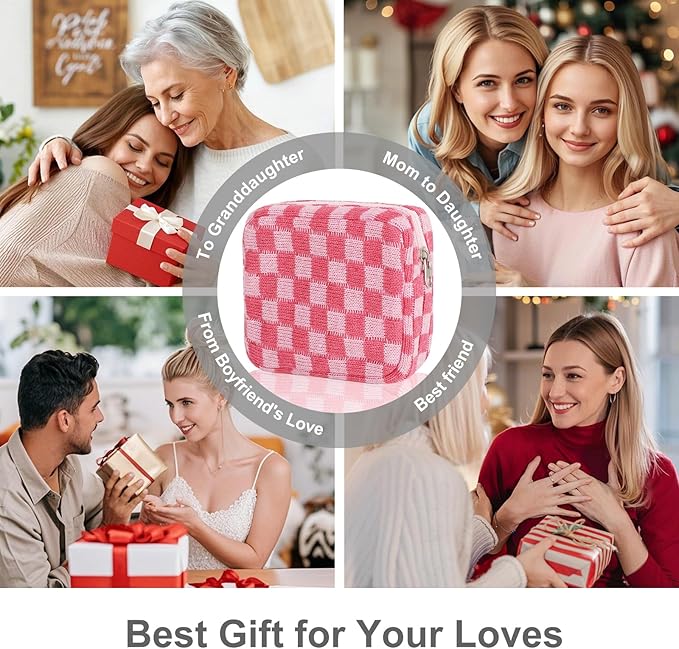 Sanitary Napkin Storage Bag, Menstrual Pad Zipper Bag Checkered Portable Period Bag Panty Liners, Tampon Storage Pouch for Women Ladies Daily Use Storage Purse Travel