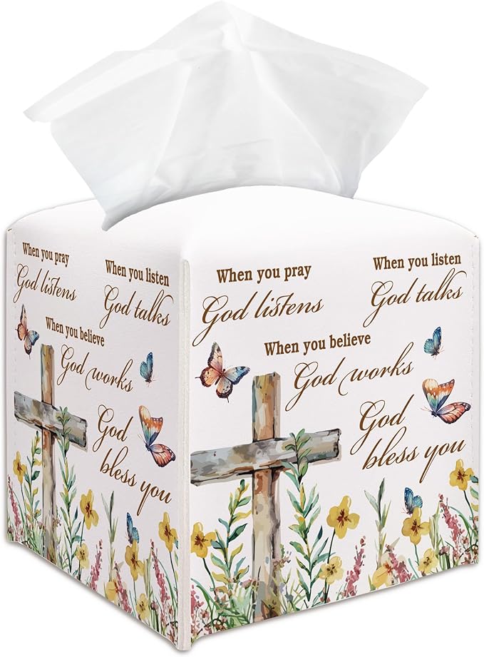 Christian Decorative Tissue Box Cover Square, Floral Napkin Tissue Box Holder, Religious Faith Gift Ideas for Family Friends, Home Kitchen Dining Table Decor-(5.2 Inches) A01