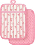 Slohif Silcone Bow Pot Holders for Kitchen - 100% Cotton Pink Cute Oven Potholders with Pockets, Heat Resistant Square Thick Hot Pads, House New Home Baking Baker Gifts,2pack