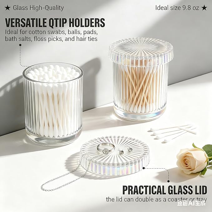 2 Pack Glass Qtip Holder Dispenser Set - Bathroom Organizer for Cotton Swabs, Balls, Pads, Floss Picks - Clear Apothecary Jars for Vanity, Makeup Storage, Bathroom Accessories Decor (Iridescent)