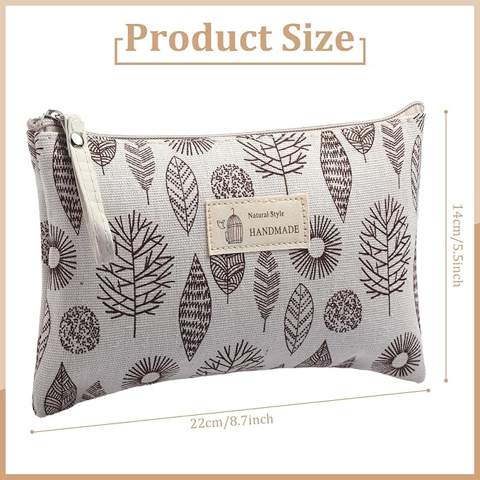 Boao 4 Pieces Canvas Makeup Bags Set Small Cosmetic Pouches for Purse with Zipper Multi Functional Toiletry Travel Case Organizer for Women Gift, 4 Styles(Big,Arrow, Plaid, Tree, Leave)