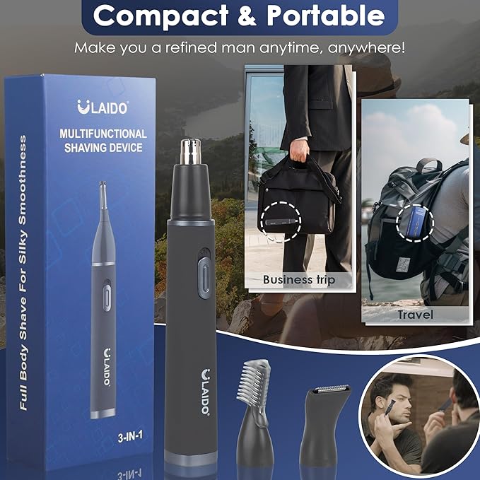 Nose Ear Hair Trimmer for Men, Rechargeable 3 in 1 Grooming Kit for Nose, Ear, Eyebrow & Body Hair, No Pull No Snag Painless Trimming with 3 Replacement Heads