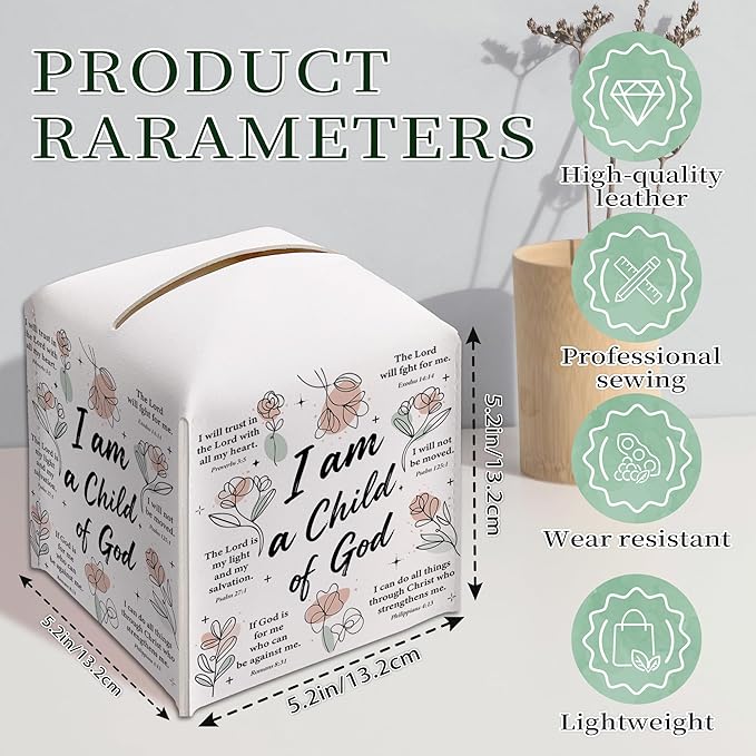 Inspirational Christian Tissue Box Cover Square, Religious Bible Verse Leather Tissue Box Holder, Religious Gifts for Women, Paper Facial Tissue Box Covers Cube for Office Bathroom Home