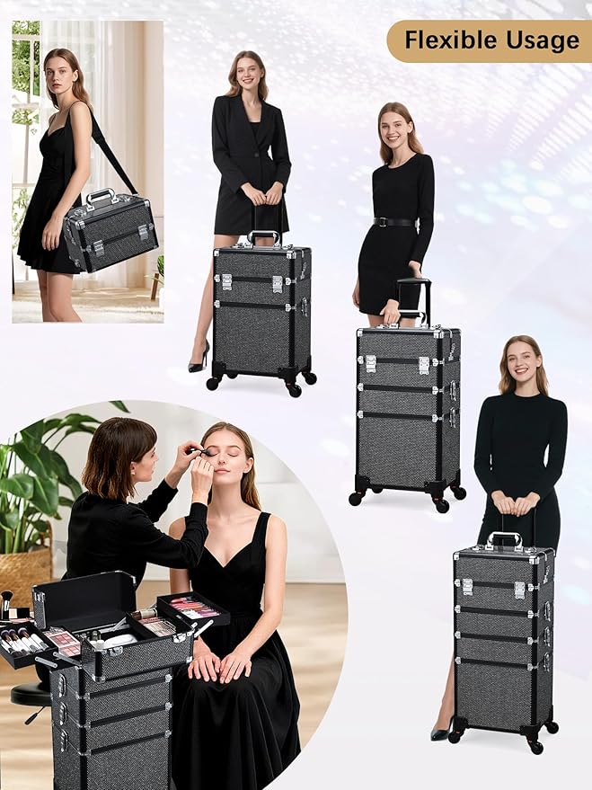 Costravio 5 in 1 Rolling Makeup Case on Wheels Large Cosmetology Case Organizer Beauty Cosmetic Train Case Travel Nail Cart for Make-up Studio Hair Salon, Black Rhinestone