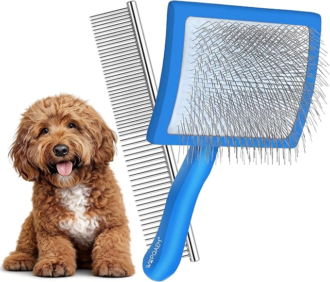Slicker Brush for Dogs, Large Dog Brush to Long Haired Dogs for Goldendoodles Poodles Doodles Bernedoodles, Long Pin Grooming Kits to Dematting & Reducing Tangles and Fluff, Blue