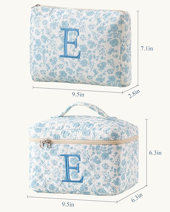 HBselect 2pcs Initial Quilted Cotton Large Travel Cute Floral Coquette Makeup Cosmetic Toiletry Bag for Women Girls