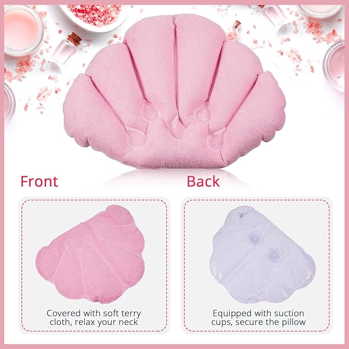 3 Pieces Inflatable Bath Pillow with Suction Cups, Terry Cloth Covered Shell Shape Bathtub Spa Pillow Comfortable Soft Cushion, Neck Support(Pink, Green, White)