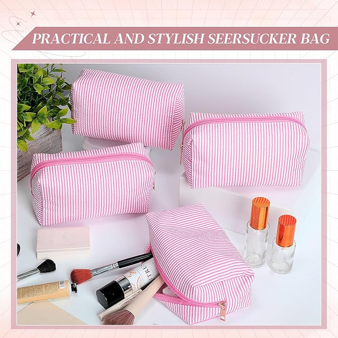 Sanwuta 6 Pcs Seersucker Cosmetic Bags Bulk Seersucker Makeup Bags Stripe Women Pouch Large Preppy Storage Pouch Toiletry Travel Organizer for Wedding Bridesmaid Bride Favor Mom Gift (Pink)