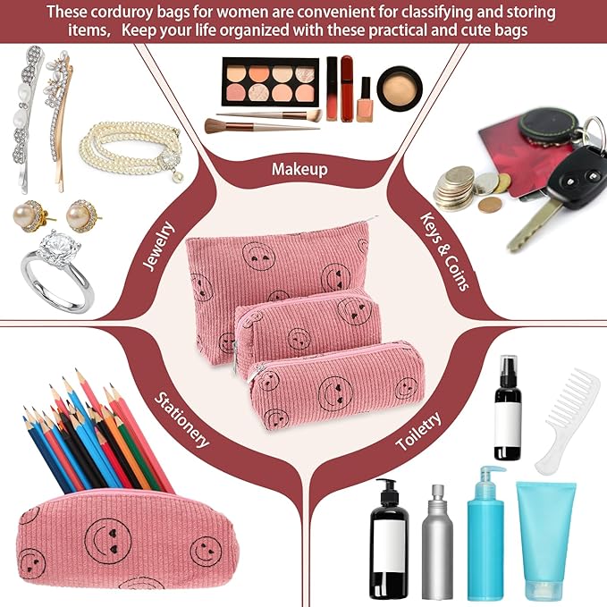 3 Pcs Makeup Bag Set for Women Corduroy Cosmetic Pouch Aesthetic Smile Travel Toiletry Bag Cute Purse Pouch Pencil Case Makeup Brushes Storage Organizer with Zipper(Pink,Smile Face)