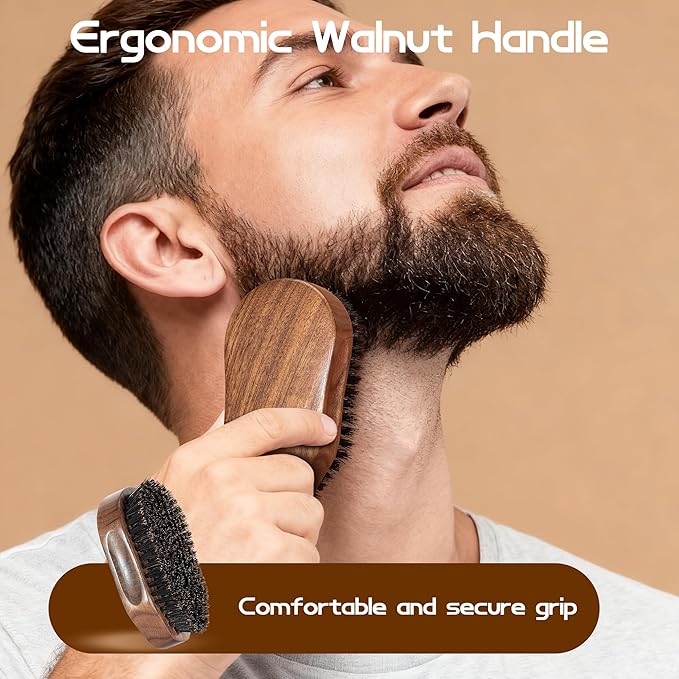 Boar Bristle Beard Brush for Men, 4.2-Inch Black Walnut Wood Handle Military Style, Men's Natural Wooden Boar Bristles Mustache Brush - Medium Hardness