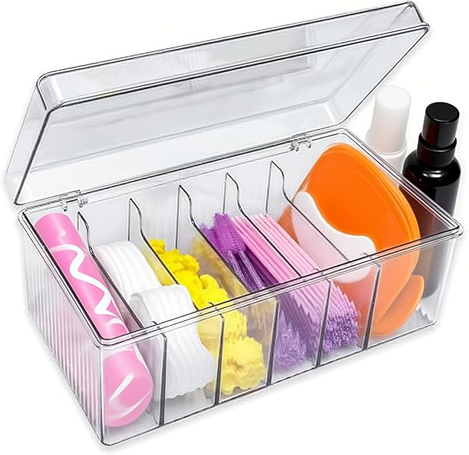 Acrylic Lash Extension Organizer with Lid, 6 Compartment Lash Cart Storage for Lash Techs, Clear Secure Lid Eyelash Supplies Organizer for Salon & Home Use