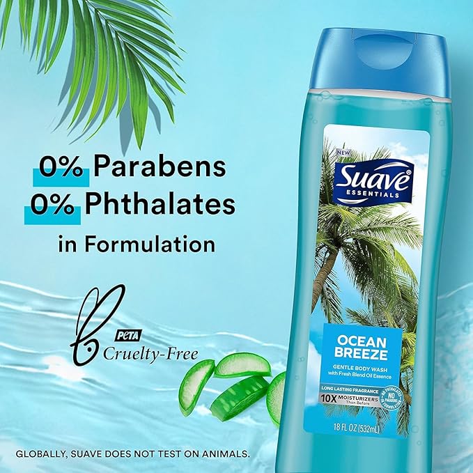 Suave Moisturizing Body Wash, with Ocean Breeze Scent and Vitamin E Extract, No Parabens, No Phtahaltes, 18 Oz, (Pack of 12)