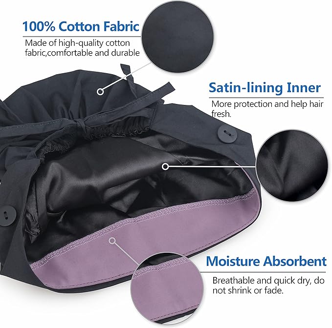 QBA Adjustable Working Cap with Button, Satin-Lined Hat, Cotton Working Hat Sweatband, Elastic Tie Back Hats Unisex