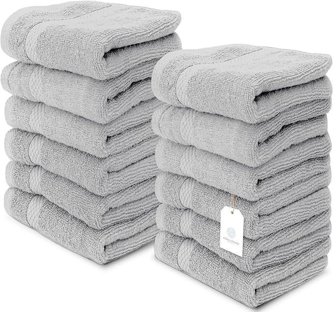White Classic Luxury Cotton Washcloths 13x13 Inch - 650 GSM Turkish Cotton | Hotel, Spa, Bathroom Face Towel | 12 Pack, Dolphin Gray