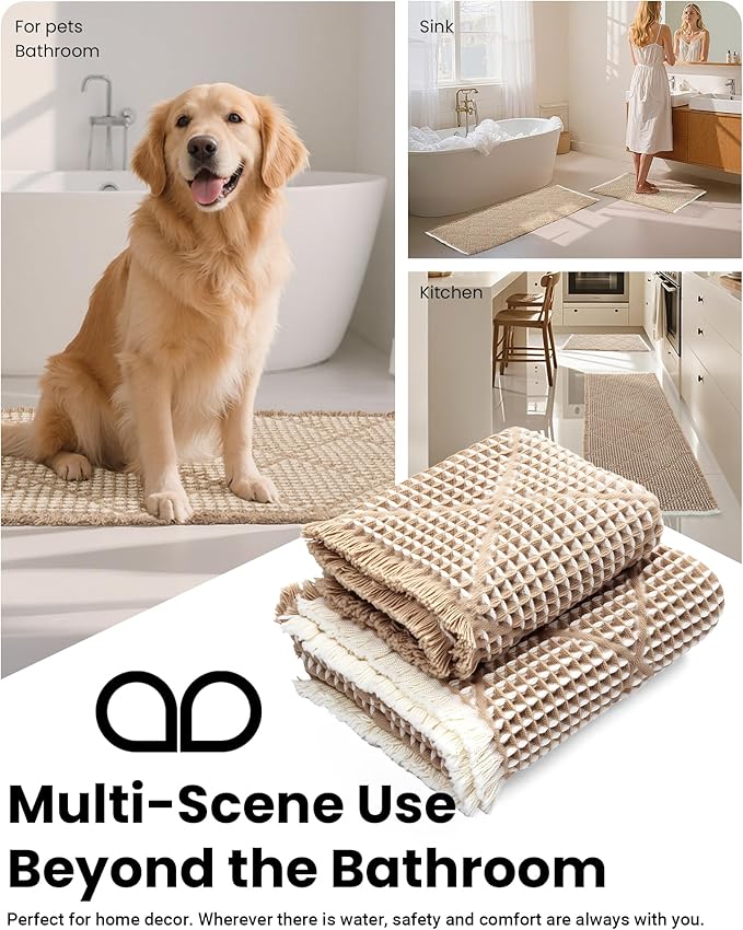Waffle Bath Mat Set, Non Slip Bathroom Rugs Sets 2 Piece, Ultra Absorbent Long Bath Rug Runner for Bathroom Boho Chic Decor, Machine Washable Floor Mats, Brown & White, 20"×47" Plus 18"×30"