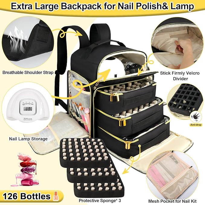 Nail Polish Organizer Backpack Holds 126 Bottles& Nail Lamp, Extra Large Nail Kit Supplies Organizer Bag with 3 Removable Cases, Portable Nail Organizers and Storage for Travel (Pure Black)
