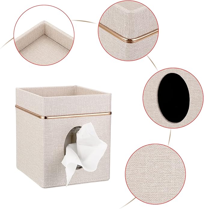 Sumnacon Linen Square Tissue Box Cover - Decorative Cube Tissue Box Holder with Tray, Stylish Tissue Box for Bathroom Toilet Tank Vanity Dresser Table Office Bar Restaurant, Beige