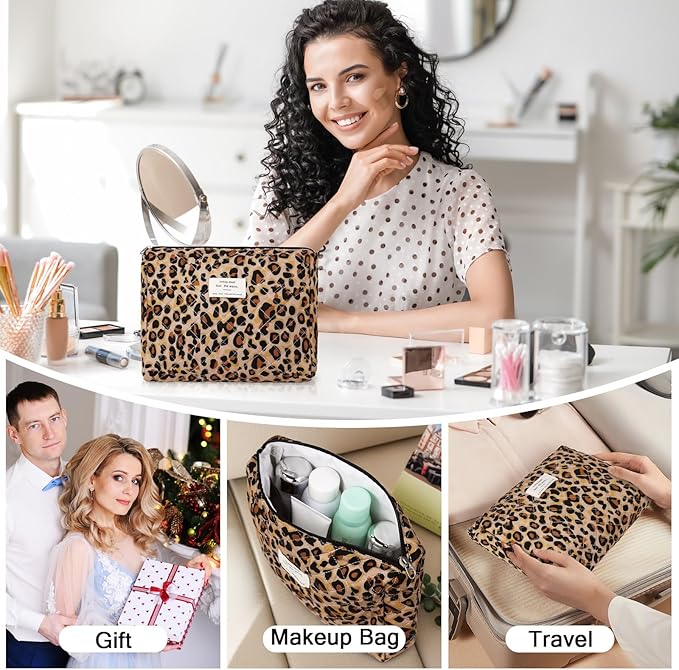 2PC Makeup Bag Set, Cute Cosmetic Bag for Women Girls, Floral Coquette Aesthetic Toiletry Bag, Travel Make Up Organizer Bag (Leopard Print)
